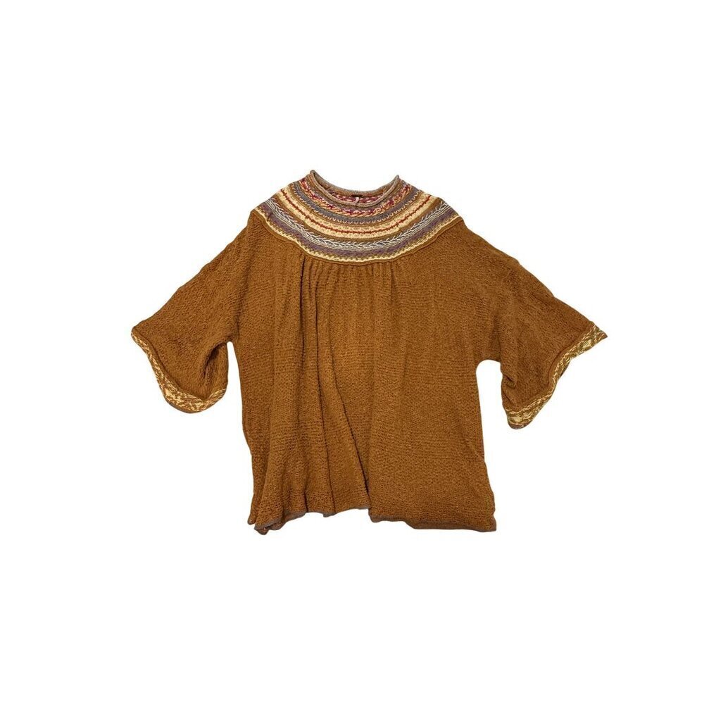 Free People Womens Boho Knit Tunic Top Embroidered Detail Bell Sleeves sz Small